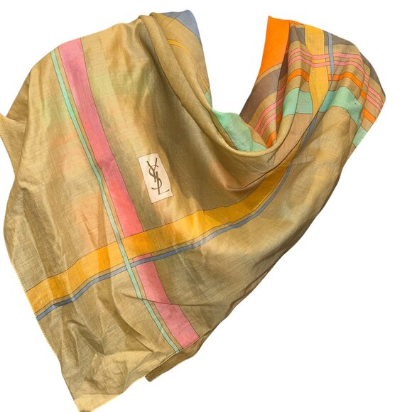 YSL vintage neutrals khaki pastel graphic print polished cotton scarf shawl wrap - Picture 5 of 7